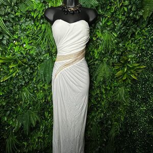 Miss Morena Dress Women Small White‎ Gown Strapless Gold Accent Formal 0593